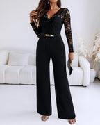 Jumpsuit Dames Kanten Overlay V-Hals Lange Mouw