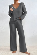 Nachtkleding Dames Geribde Lounge Set Tweedelig - Gebreid - Grijs