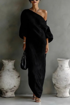 Jurk Dames One Shoulder Maxi Elegant - Chiffon - Zwart