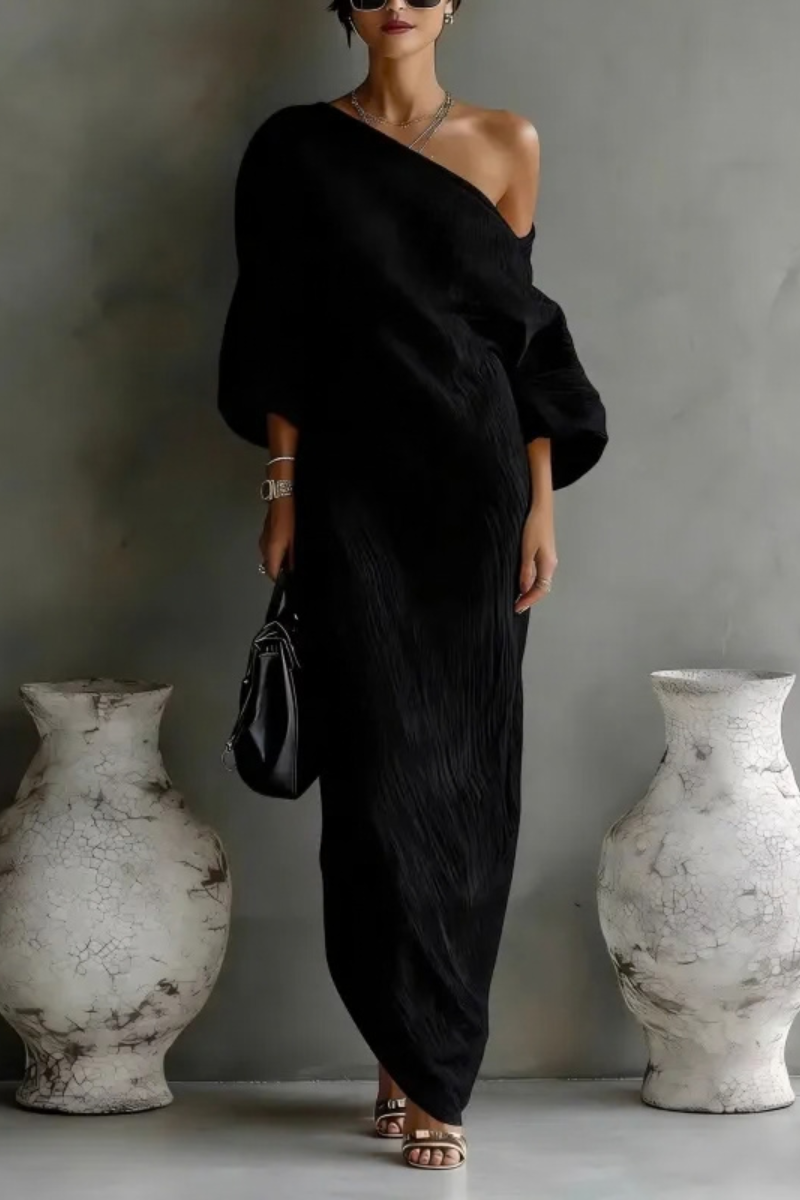 Jurk Dames One Shoulder Maxi Elegant - Chiffon - Zwart