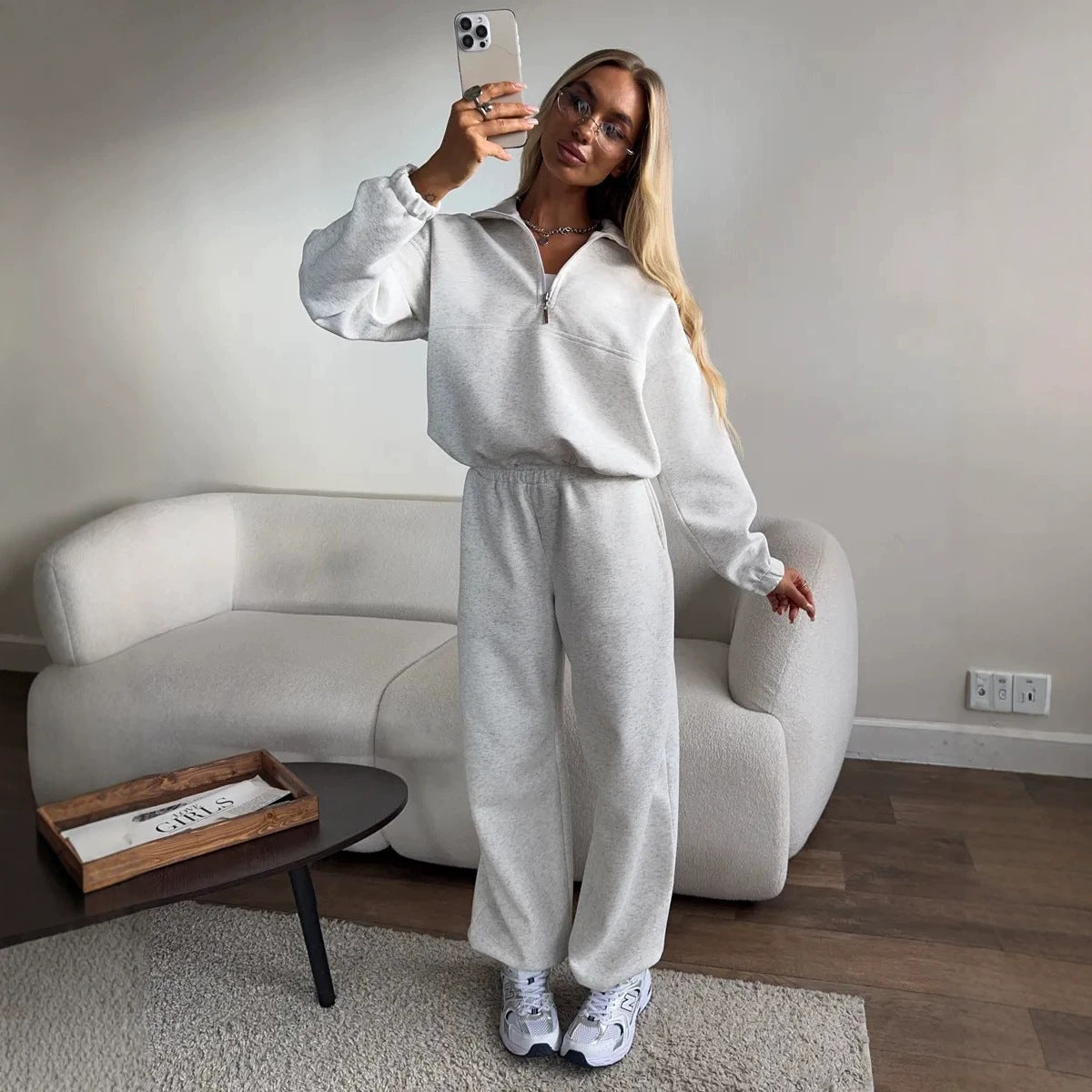 Co-ord set Dames Fleece Gevoerd Kraag Sweater Rechte Pijp