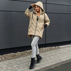 Jas Dames Gewatteerd Midi Capuchon Elegante Pasvorm