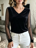 Glitter Top Dames Velvet met Mesh Mouwen – Feesttop met V-hals