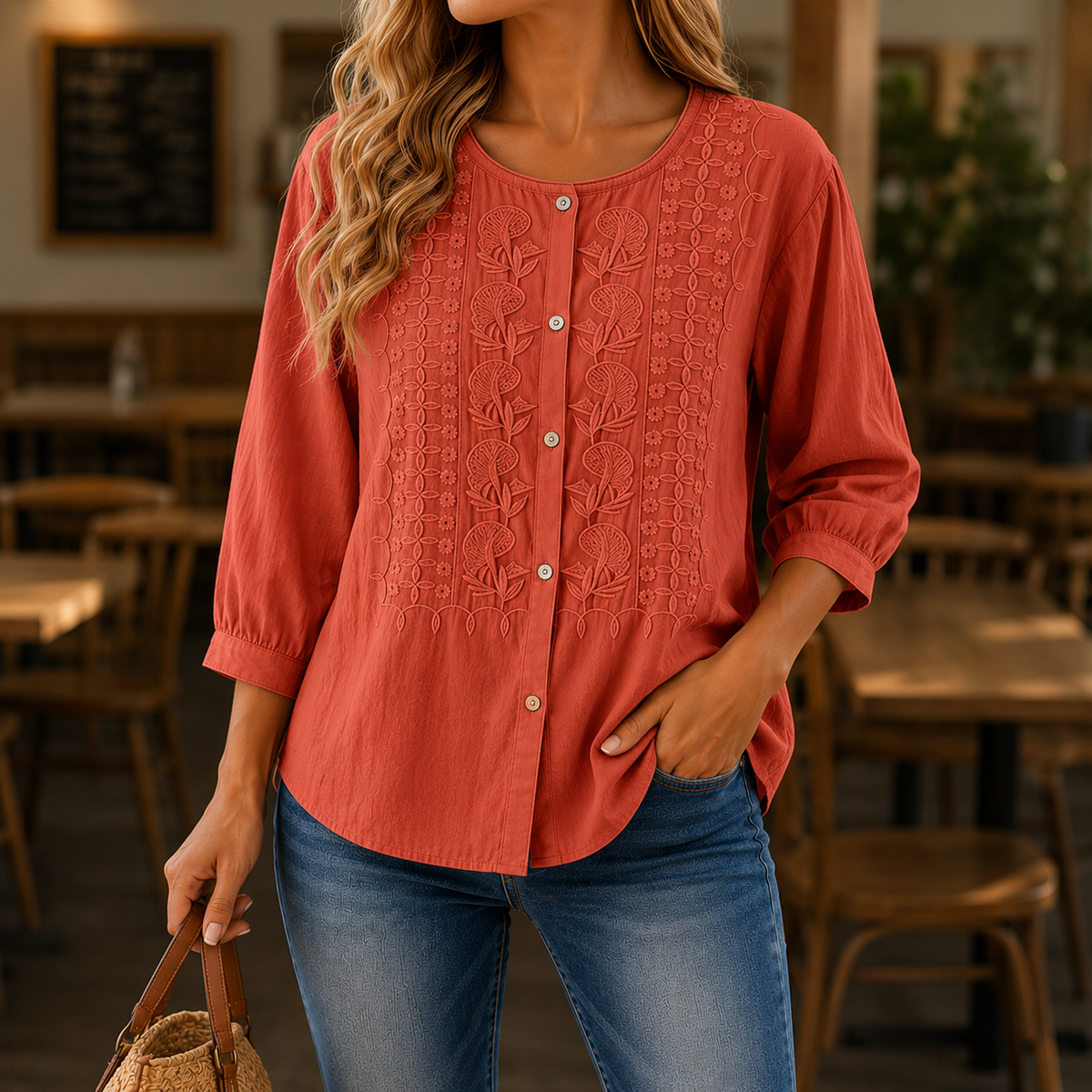 Blouse Dames Geborduurde Bloemen Luchtige Pasvorm - Katoen-Linnen - Oranje