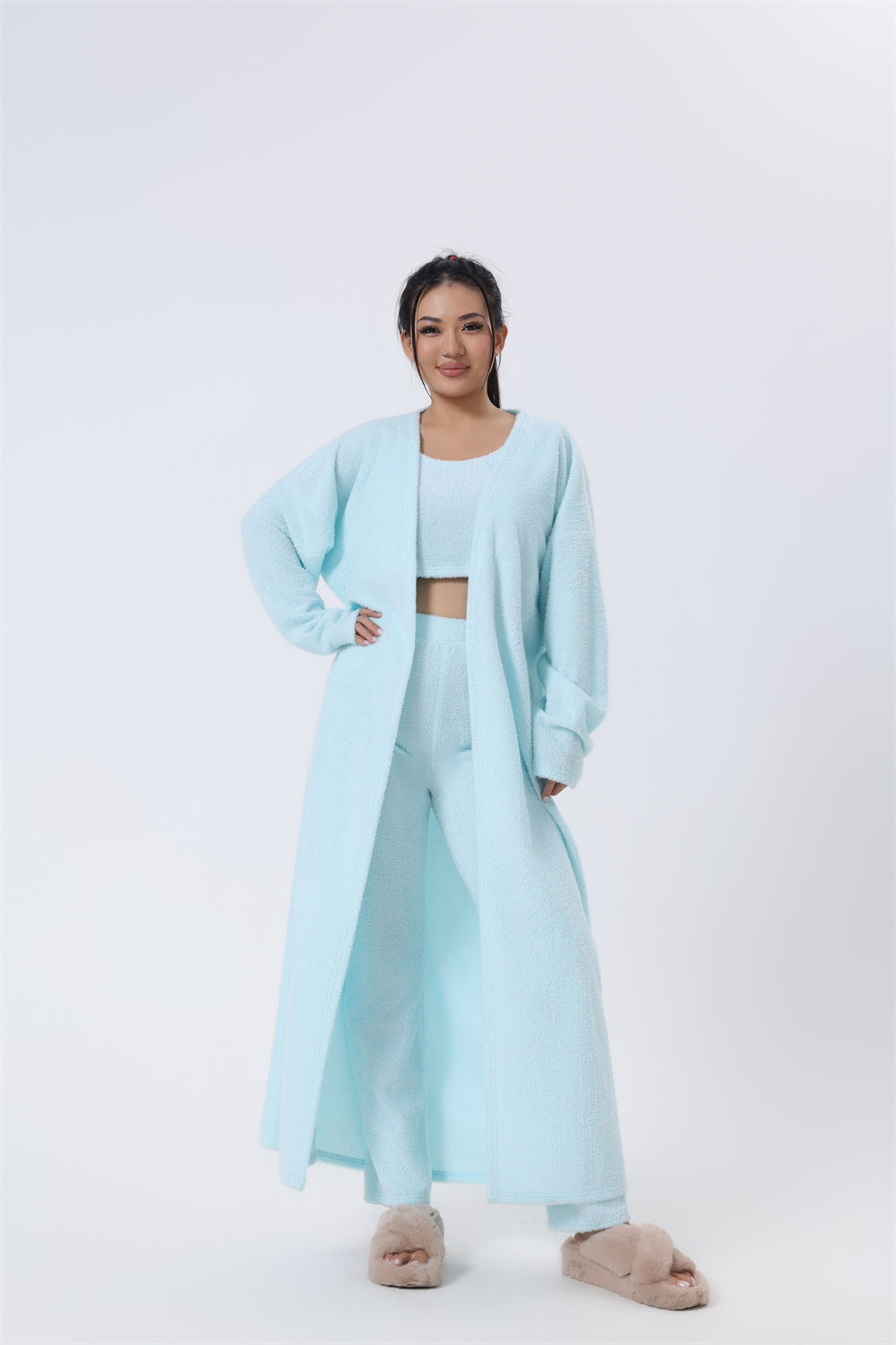 Nachtkleding Dames 3-Delig Fluffy Loungewear Wijde Pijpen