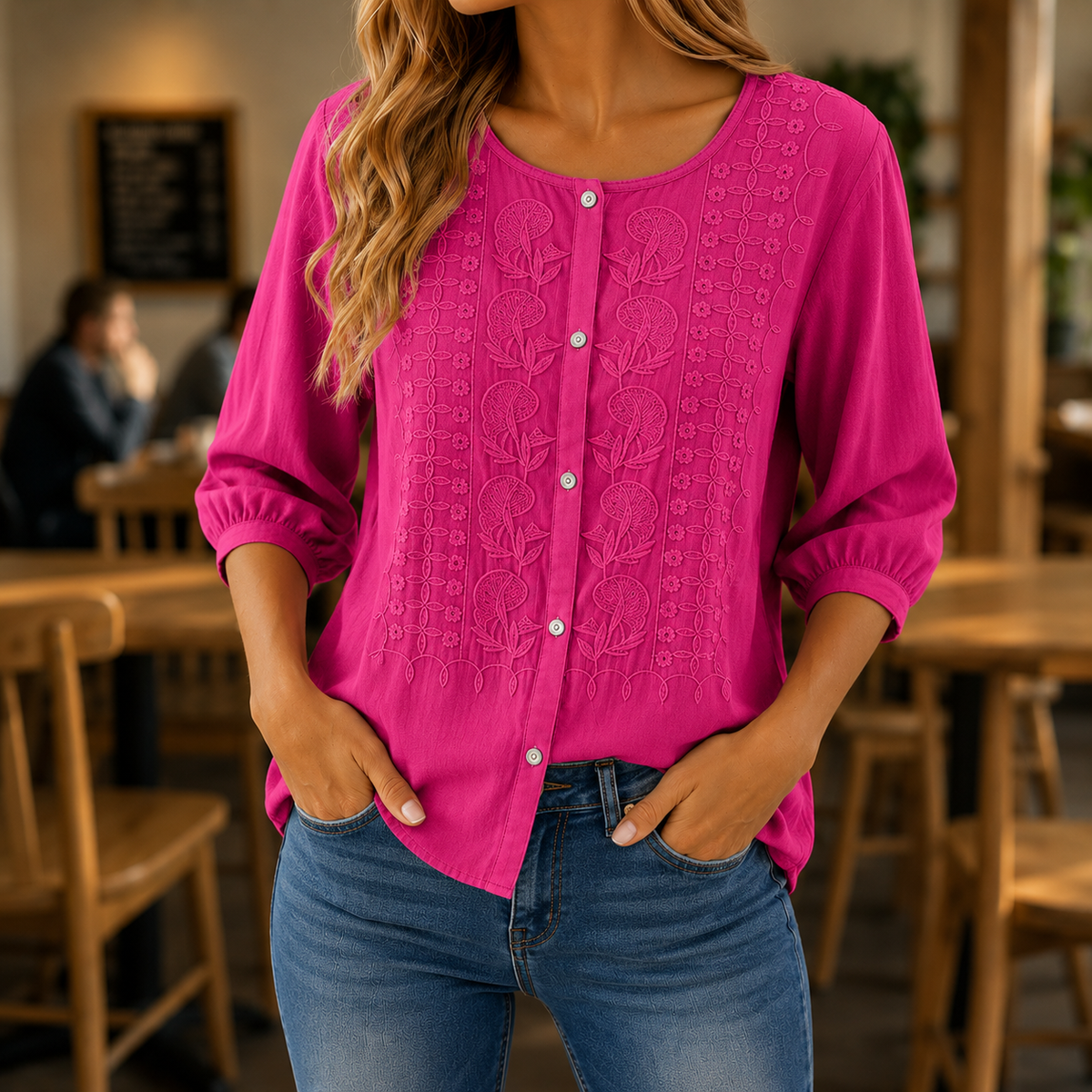 Blouse Dames Geborduurde Bloemen Luchtige Pasvorm - Katoen-Linnen - Roséroze