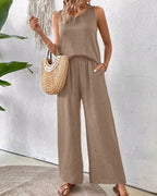 2 Pieces Set Women's Sleeveless Solid Color Back Hollow Lace Suit Summmer Trendy Casual Top Wide Leg Pants Set For Daily Wear Holiday Outfit
