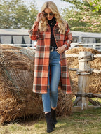 Jas Dames Lang Geruite Relaxed Fit Knoopsluiting
