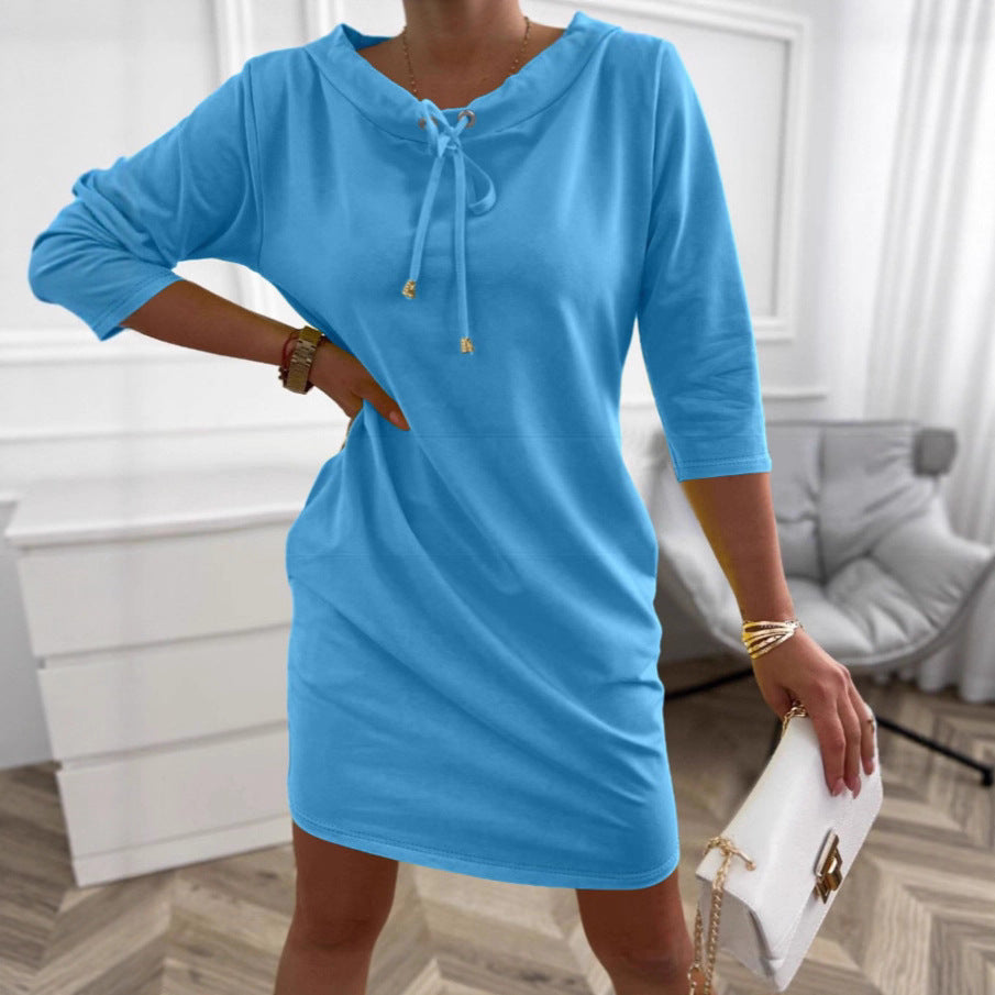 Jurk Dames Midi Hoge Taille Rechte Snit Lange Mouw
