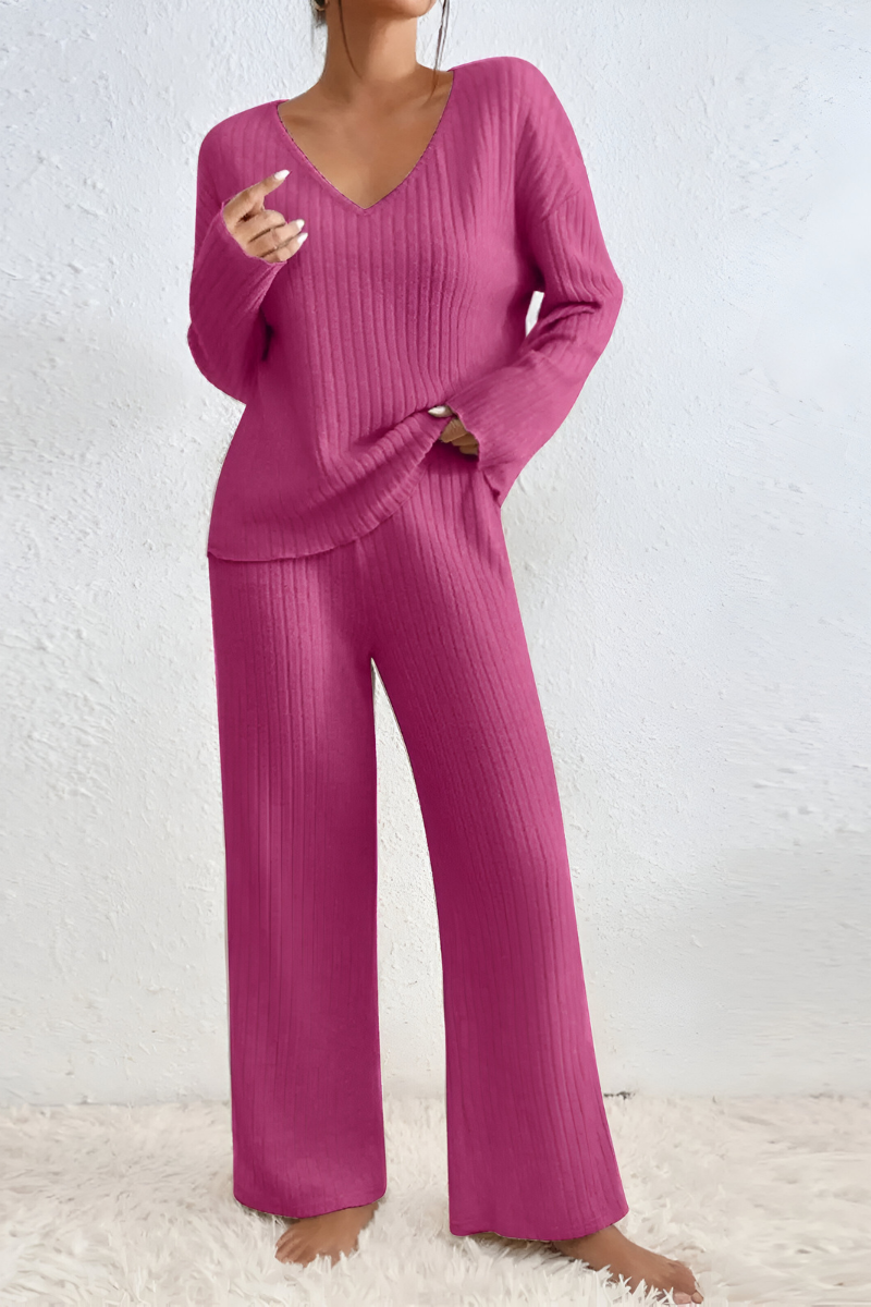 Nachtkleding Dames Geribde Lounge Set Tweedelig - Gebreid - Roze