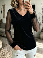 Glitter Top Dames Velvet met Mesh Mouwen – Feesttop met V-hals