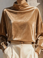 Velvet Top Dames met Col Lange Mouw – Losvallende Fluwelen Top