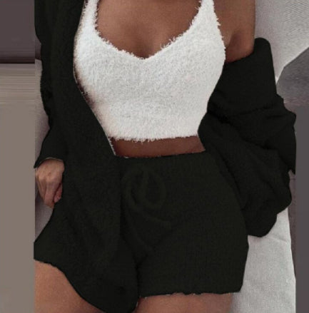 Nachtkleding Dames 3-Delig Fluweel Korte Broek & Crop Top