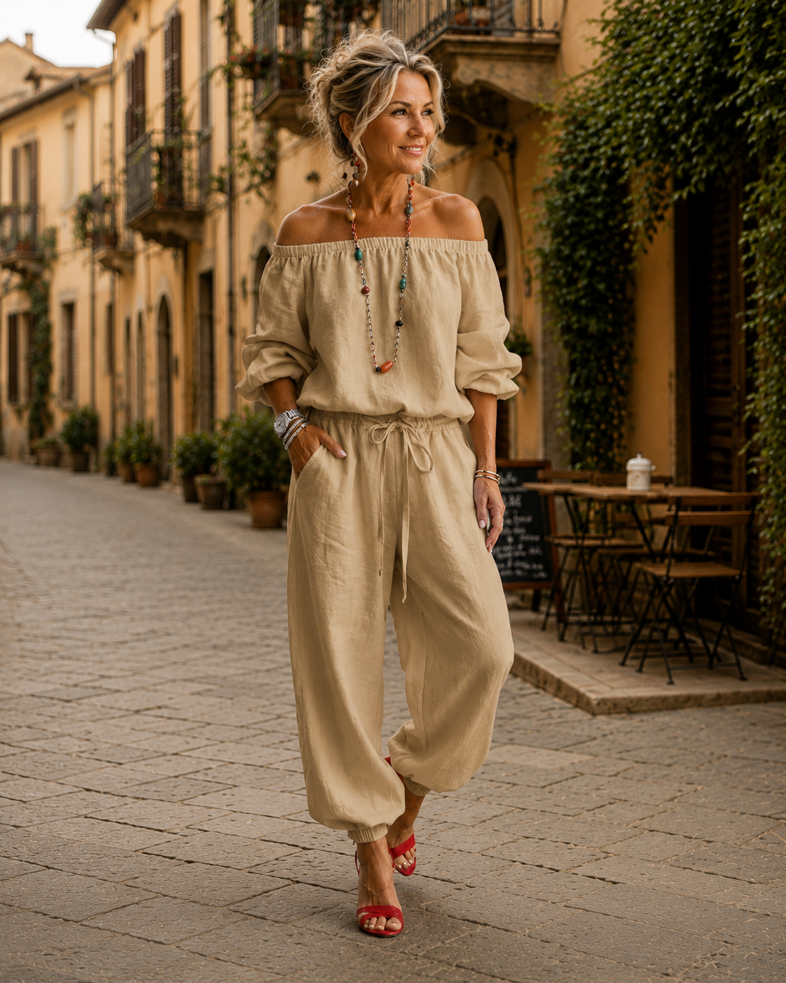 Jumpsuit Dames Open Schouder Veterdetail - Katoen - Lichtkhaki