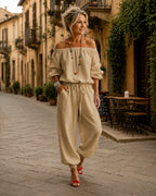 Jumpsuit Dames Open Schouder Veterdetail - Katoen - Lichtkhaki