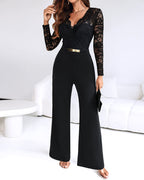 Jumpsuit Dames Kanten Overlay V-Hals Lange Mouw