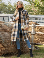 Jas Dames Lang Geruite Relaxed Fit Knoopsluiting