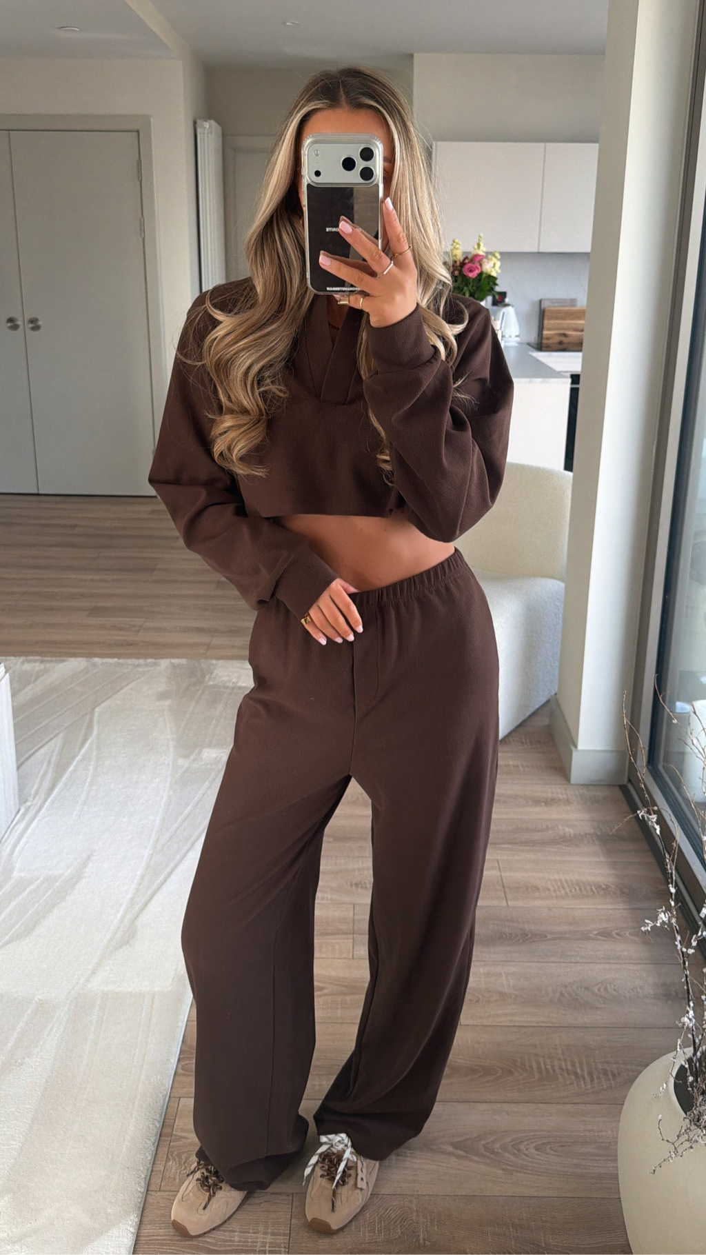Tweedelige Loungeset Dames Waffle Cropped Hoodie