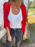Vest Dames Opengewerkt Halflange Mouw Casual - Rood