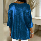 Glitter Blouse Dames V-hals Driekwart Mouw – Losvallende Feesttop