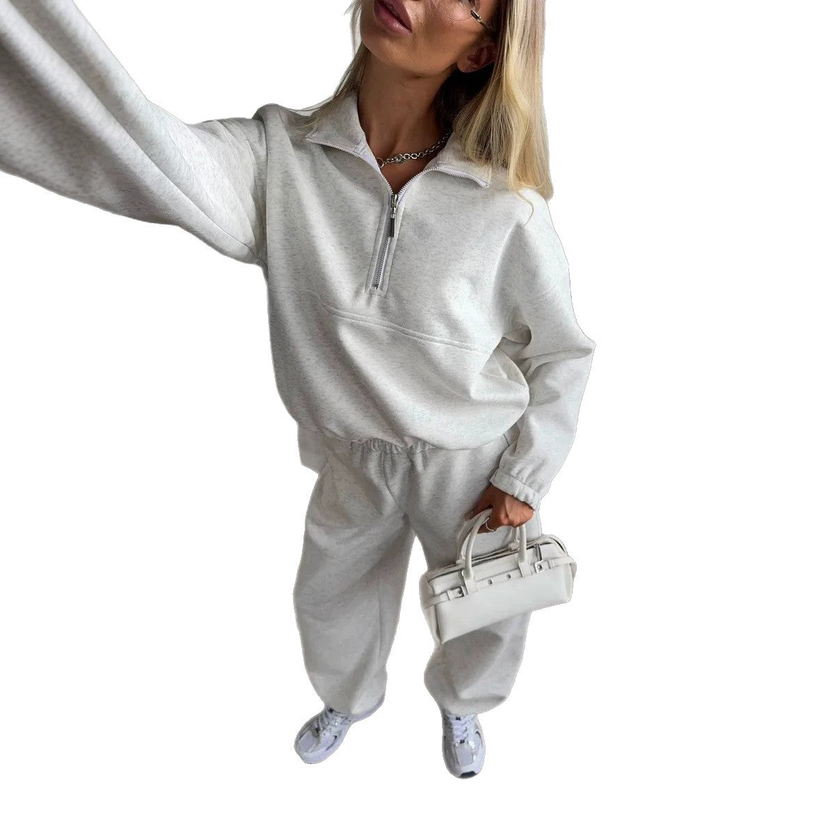 Co-ord set Dames Fleece Gevoerd Kraag Sweater Rechte Pijp