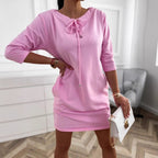 Jurk Dames Midi Hoge Taille Rechte Snit Lange Mouw