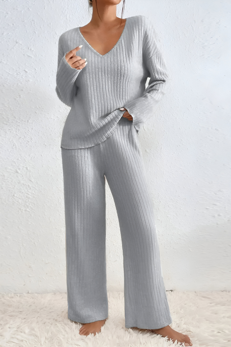 Nachtkleding Dames Geribde Lounge Set Tweedelig - Gebreid - Lichtgrijs (Bijna uitverkocht)