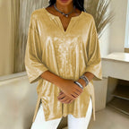 Glitter Blouse Dames V-hals Driekwart Mouw – Losvallende Feesttop