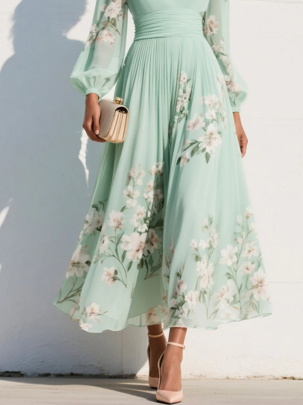 Robe midi vert pâle à col V, coupe A-line plissée, motif floral.