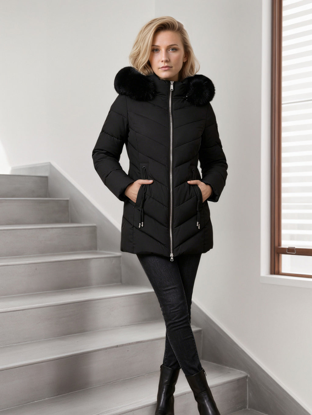 Jas Dames Slim Fit Capuchon Bontkraag Gewatteerd