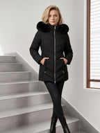 Jas Dames Slim Fit Capuchon Bontkraag Gewatteerd