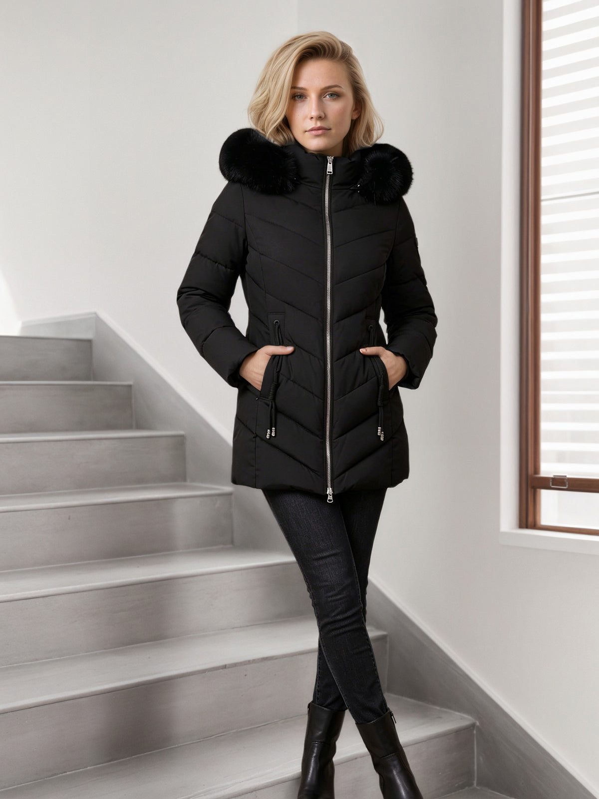 Jas Dames Slim Fit Capuchon Bontkraag Gewatteerd