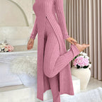 Miss | Loungeset Dames Ribgebreid Lang Vest Splitdetail