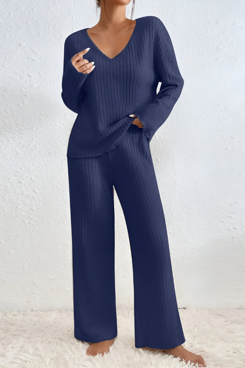 Nachtkleding Dames Geribde Lounge Set Tweedelig - Gebreid - Blauw