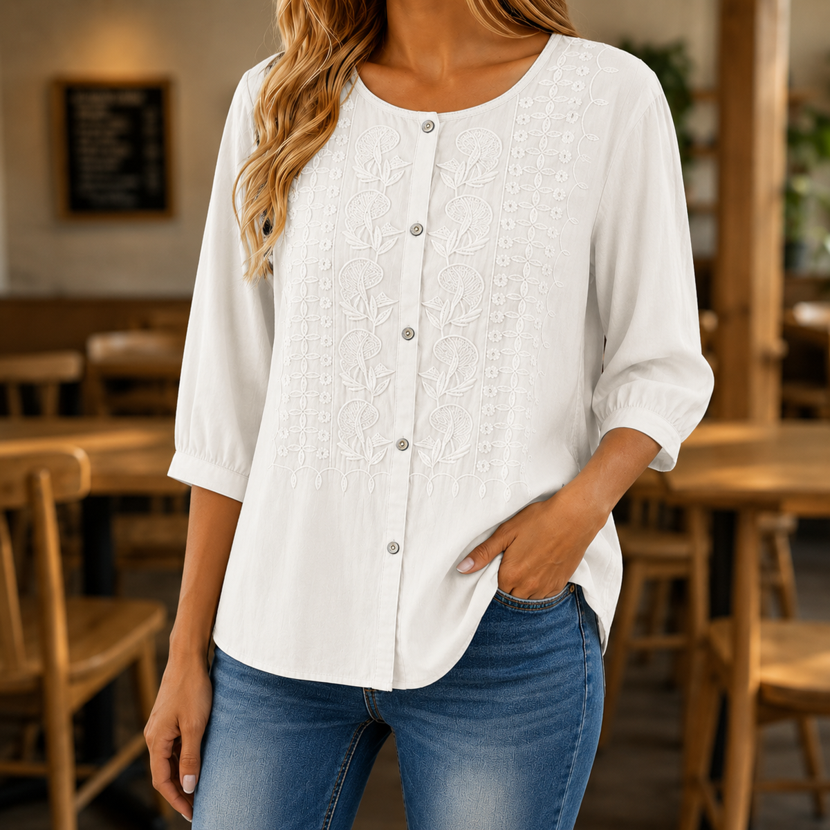 Blouse Dames Geborduurde Bloemen Luchtige Pasvorm - Katoen-Linnen - Wit