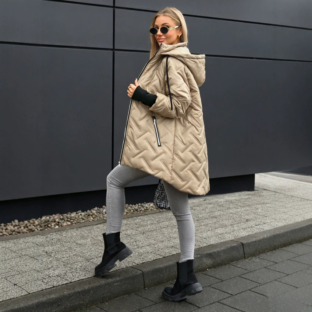 Jas Dames Gewatteerd Midi Capuchon Elegante Pasvorm