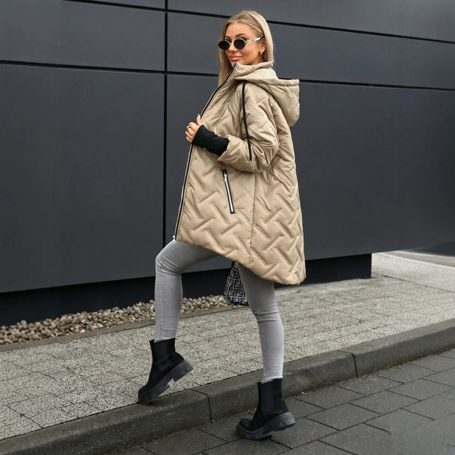 Jas Dames Gewatteerd Midi Capuchon Elegante Pasvorm