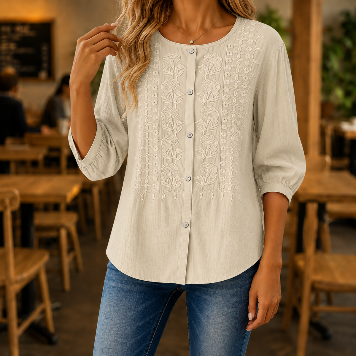 Blouse Dames Geborduurde Bloemen Luchtige Pasvorm - Katoen-Linnen - Beige