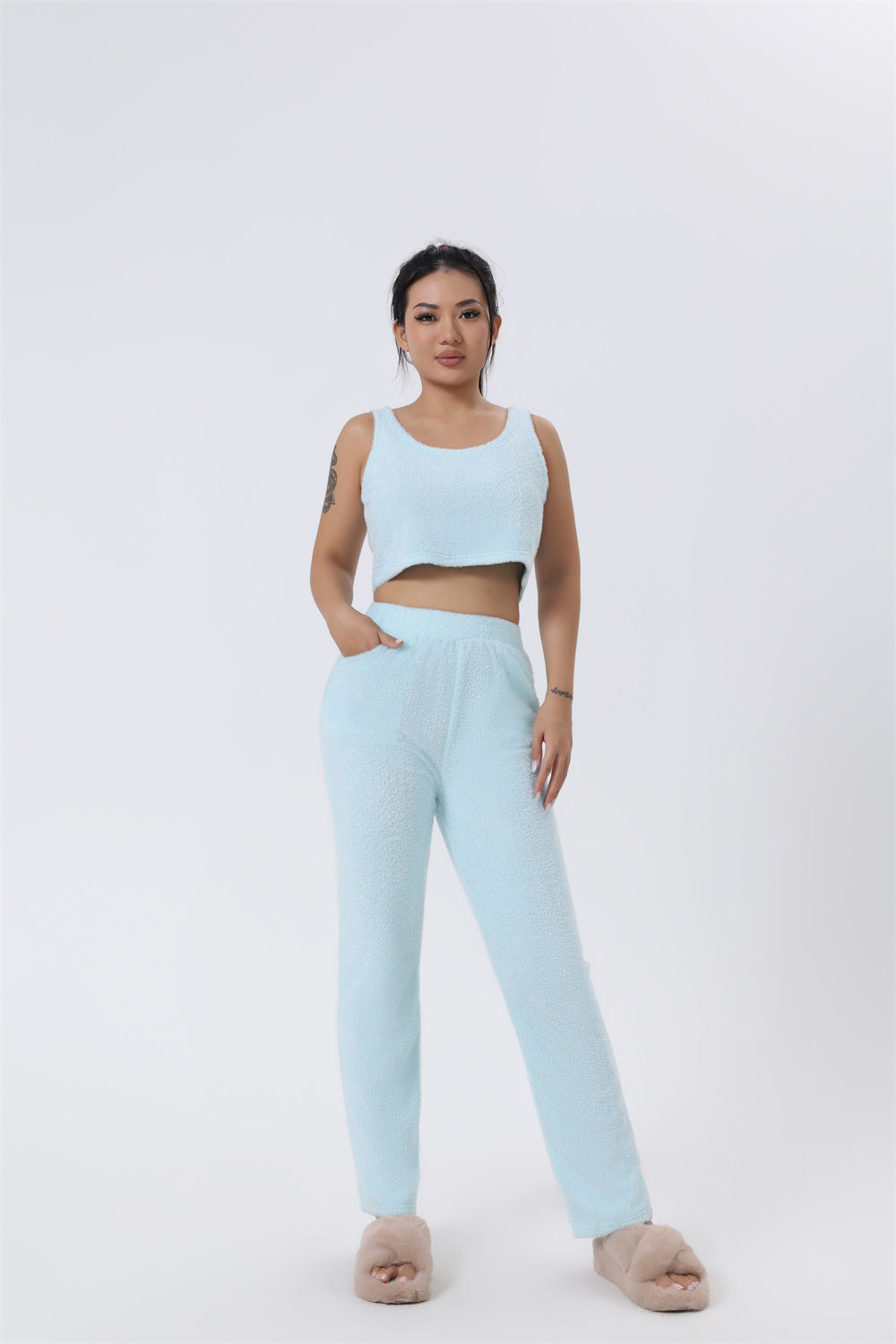 Nachtkleding Dames 3-Delig Fluffy Loungewear Wijde Pijpen