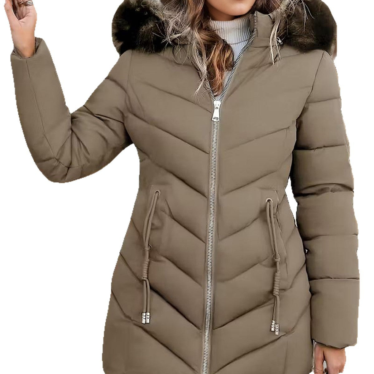 Jas Dames Slim Fit Capuchon Bontkraag Gewatteerd