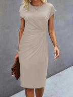 Jurk Dames Getailleerd Midi Ronde Hals - Polyester - Beige (laatste stuks)