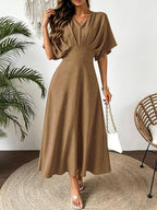 Jurk Dames Midi Vleermouwen V-hals A-lijn - Viscose - Kamel