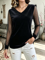 Glitter Top Dames Velvet met Mesh Mouwen – Feesttop met V-hals