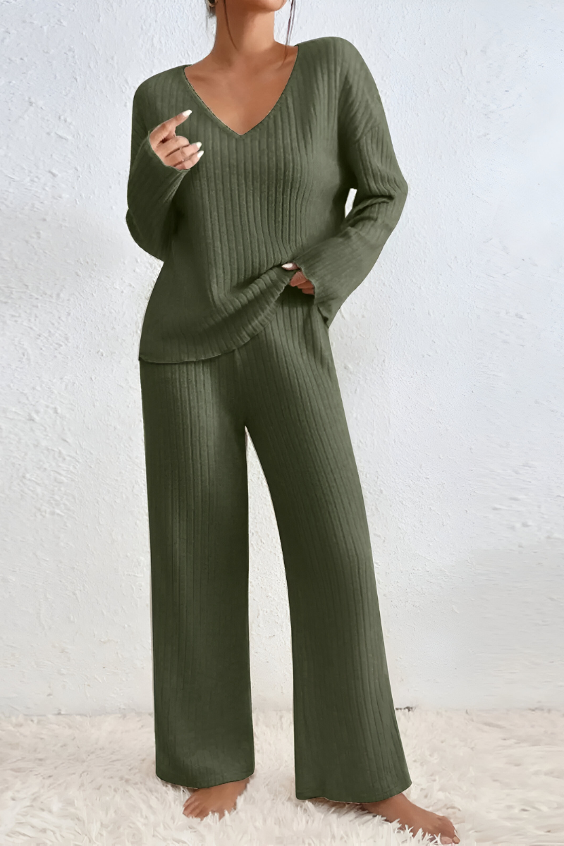 Nachtkleding Dames Geribde Lounge Set Tweedelig - Gebreid - Groen (Bijna uitverkocht)