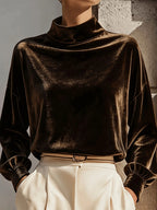 Velvet Top Dames met Col Lange Mouw – Losvallende Fluwelen Top