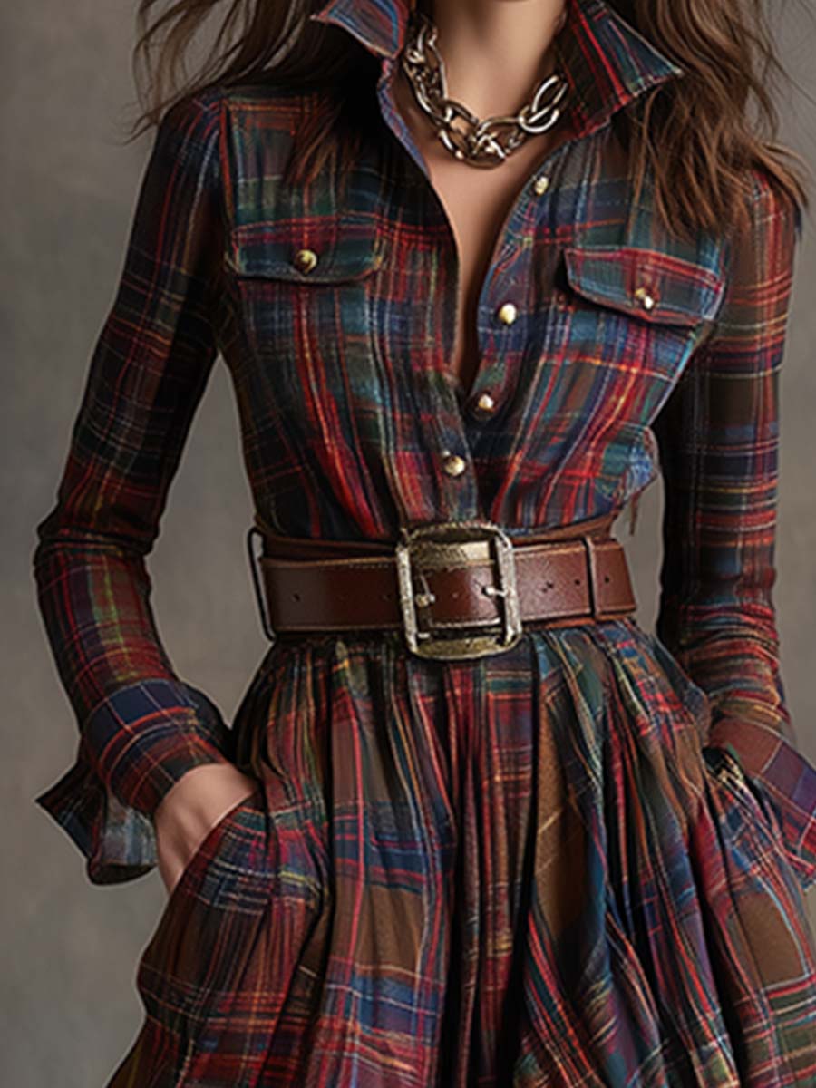 Jurk Dames Klassiek Hemdmodel Vintage Ruit - Viscose