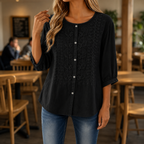 Blouse Dames Geborduurde Bloemen Luchtige Pasvorm - Katoen-Linnen - Zwart