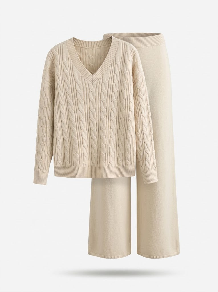 Co-ord set Dames Cable-Knit V-hals Wijde Pijpen Lang