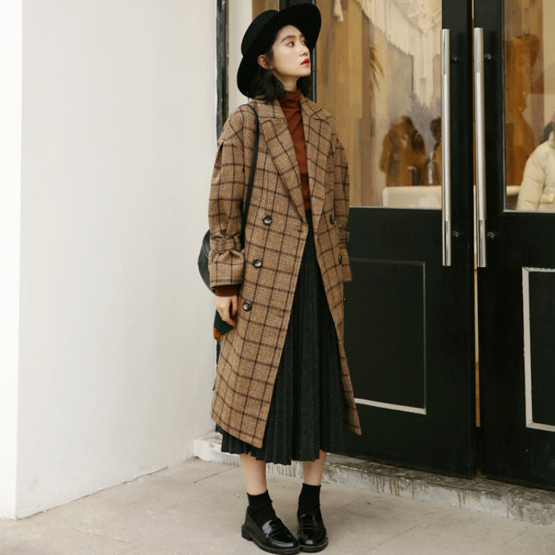 Trenchcoat Dames Geruite Rechte Pasvorm Onder de Knie Lange Mouw