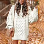 Jurk Dames Oversized Kabelpatroon Herfst/Winter - Gebreid - Wit